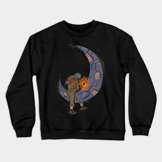 Welder Moon Crewneck Sweatshirt by damnoverload